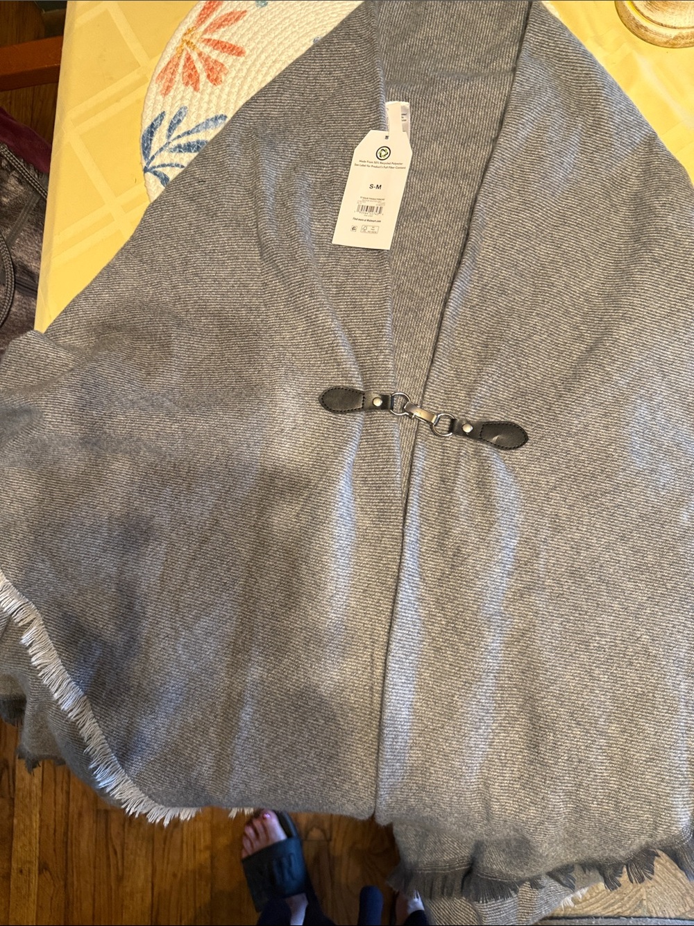 Time and Tru Gray Fringe Wrap Cape with Toggle Closure
